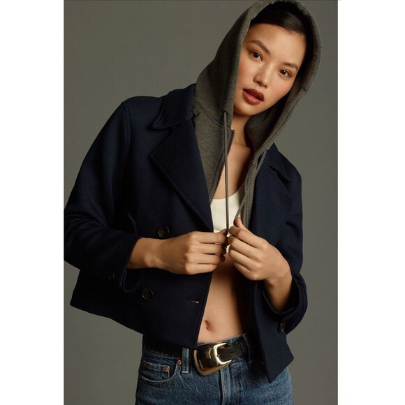 Anthropologie Maeve Peacoat Jacket Navy Women Twofer Hooded Preppy Large NWT - Picture 6 of 15